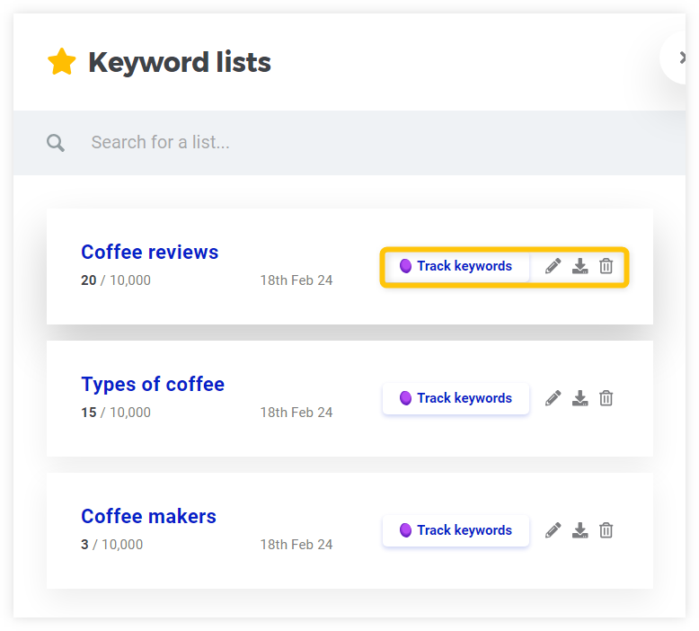 KWFinder - modal window with keyword lists