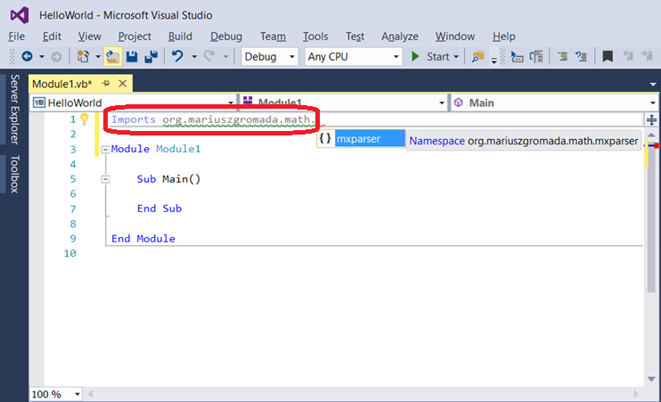 07 - mXparser - Hello World - Visual Basic - Visual Studio 2015