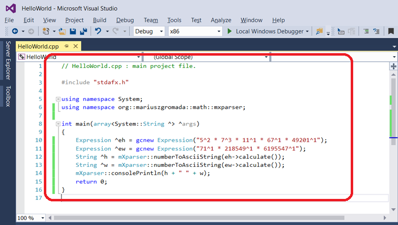 08 - mXparser - Hello World - C++/CLI - Visual Studio 2015