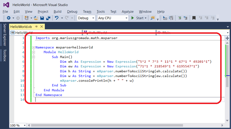 08 - mXparser - Hello World - Visual Basic - Visual Studio 2015