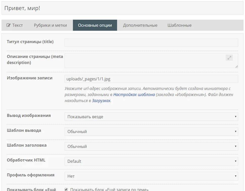 Основные опции записи Основные опции записи