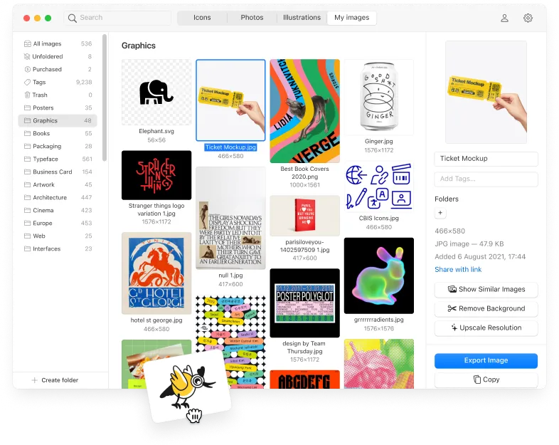 Eigene Designressourcen <b>hochladen, organisieren</b> und <b>suchen</b>. Mit <b>unbegrenztem</b> Speicherplatz.