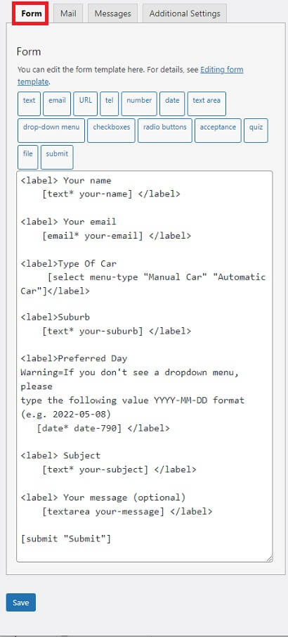 wp-contact-form-7-driving-school-form-settings