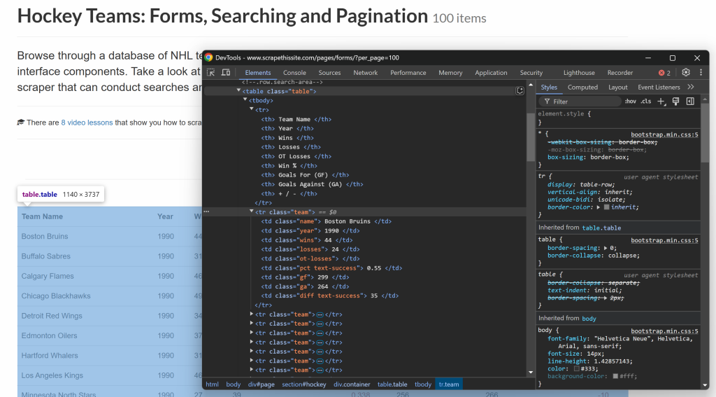 Die HTML-DOM-Struktur der Tabellenzeilen