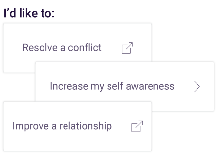 Boxes with the words Resolve conflict, increase my self-awareness, and improve a relationship.