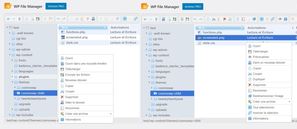 FTP WordPress File Manager fonctions clic droit FTP WordPress File Manager fonctions clic droit