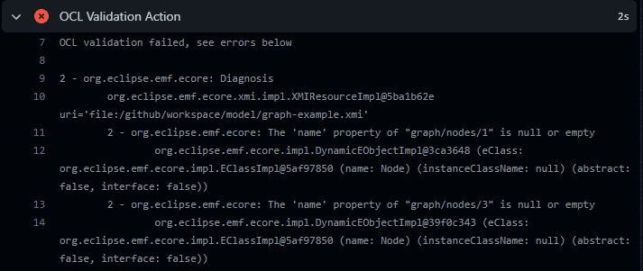 Logs produced by a failed validation as part of a Github Workflow