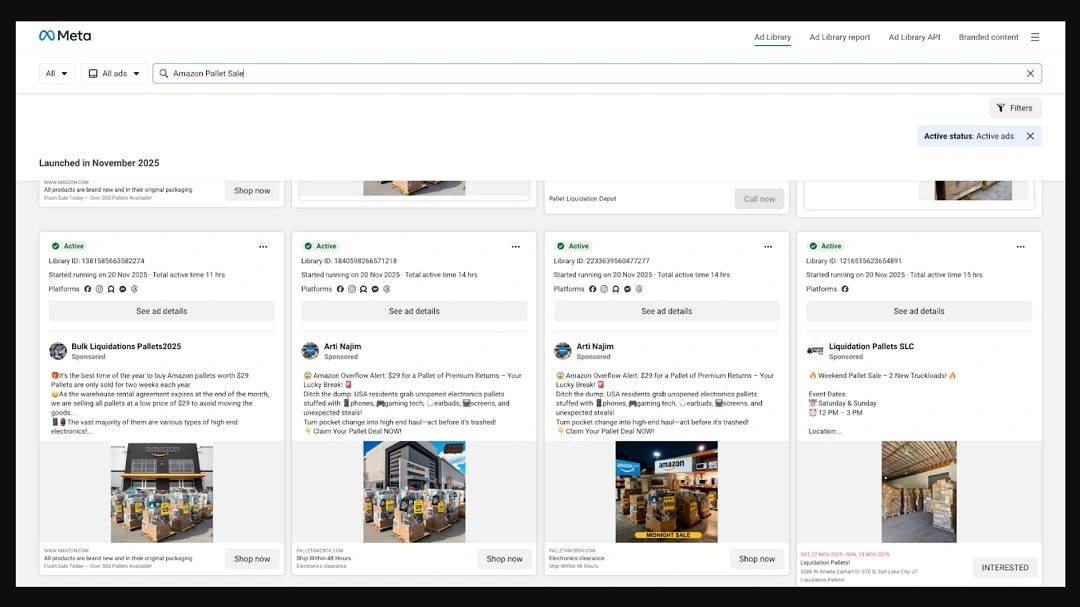 A screenshot showing a series of Meta ads associated with Amazon pallets.