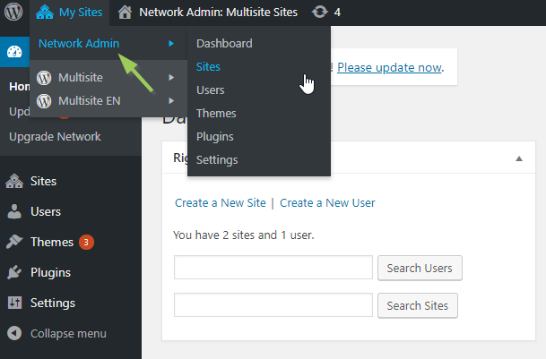 The menu Network Admin of a WordPress multisite