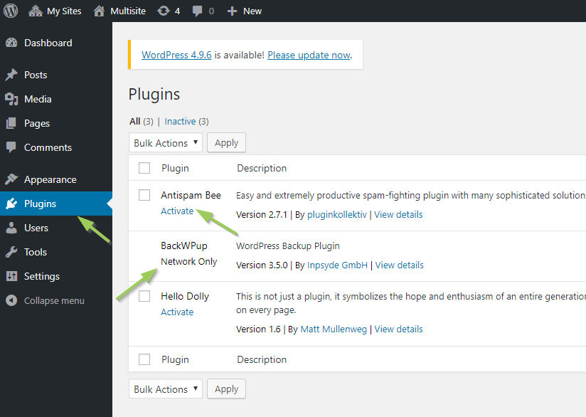 The plugins administration as site admin in a WordPress multisite