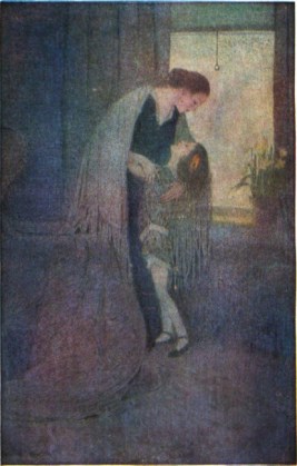 shadowy-third.jpg Illustration for "The Shadowy Third": A woman draped in a shawl stands near a window, embracing a young girl.