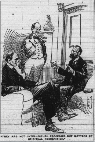 professors-peach-trees-trio.png A bearded man in a chair speaks to two men, one seated facing him, the other standing and facing him.