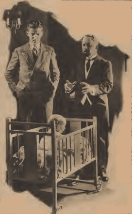 child-or-demon-illo1.png Two men stand at a crib, looking down at a child sitting up in the crib.
