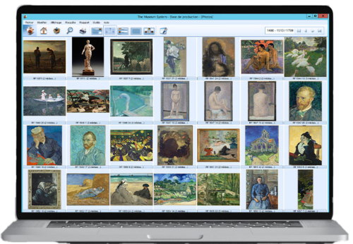 Cette image représente un écran d'ordinateur portable sur lequel est affiché une fenêtre du logiciel de gestion des collection, avec un ensemble de vignettes représentant une trentaine de chefs-d'œuvre du musée d'Orsay parmi lesquels des Van Gogh, Monet, Caillebotte, Rousseau, Gauguin, Redon, etc.
