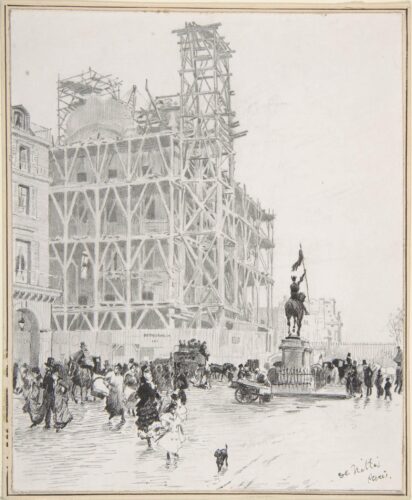 Ce dessin esquissé à la plume représente une place de Paris : en arrière-plan, l'échafaudage d'un immeuble en construction ; au centre de la place, la silhouette d'une statue de Jeanne d'Arc à cheval, autour de laquelle se presse une foule de passants à pied, à cheval ou en calèche. Tout au fond se distingue la silhouette d'un pavillon du Louvre.