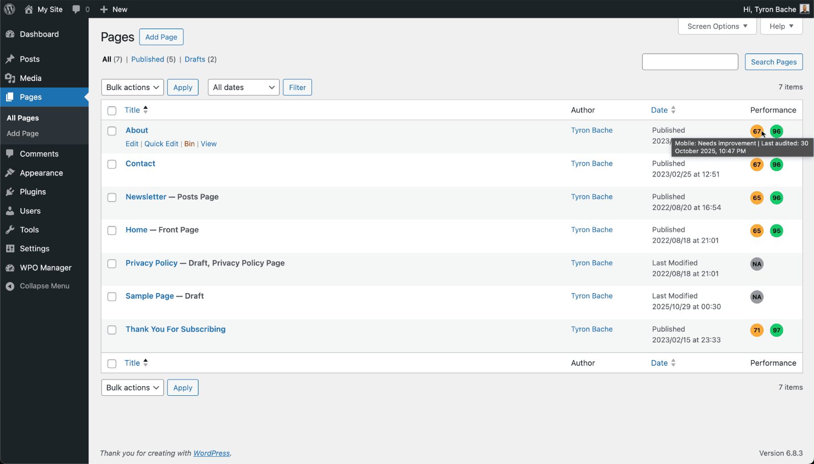 WPO Manager Performance column with scores and tooltip for Pages content type after running an audit.