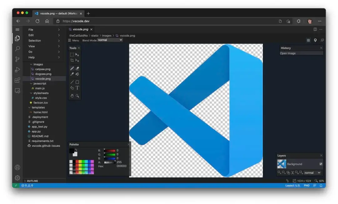 Luna Paint - Image Editor 扩展允许你直接在 VS Code 中编辑光栅图像