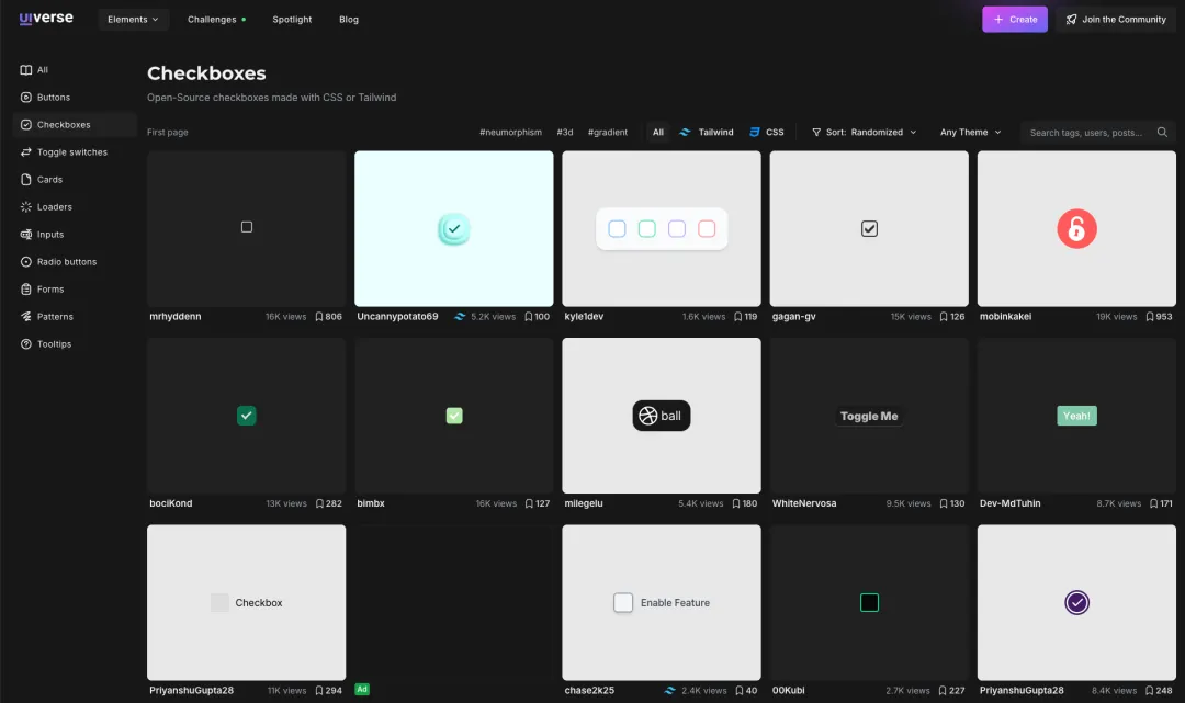 Uiverse 上复选框(Checkboxes)