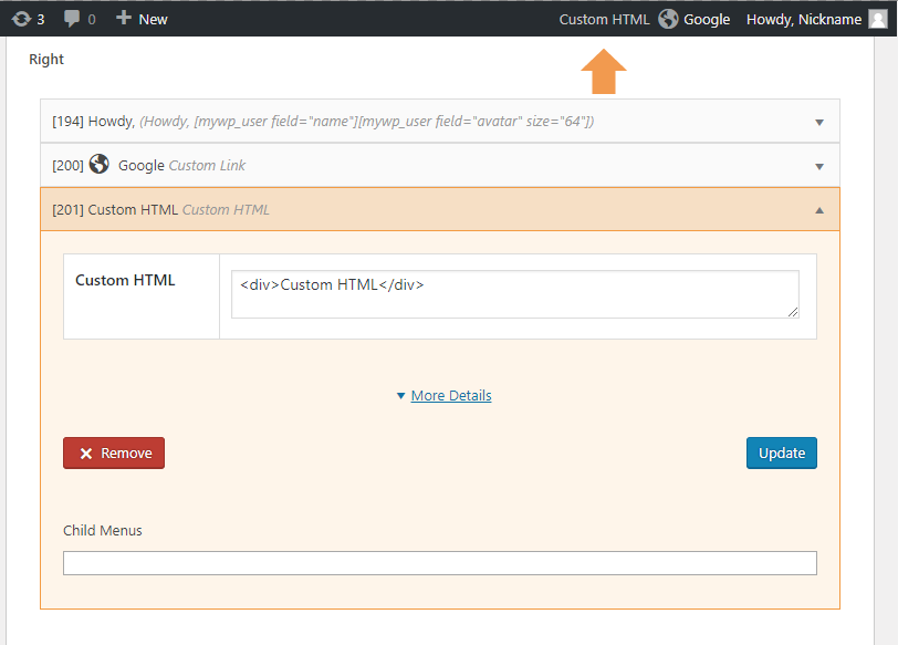 Custom html toolbar menu item