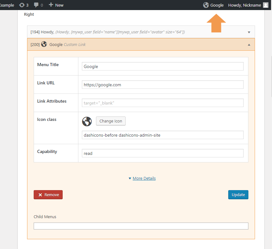 Custom link toolbar menu item