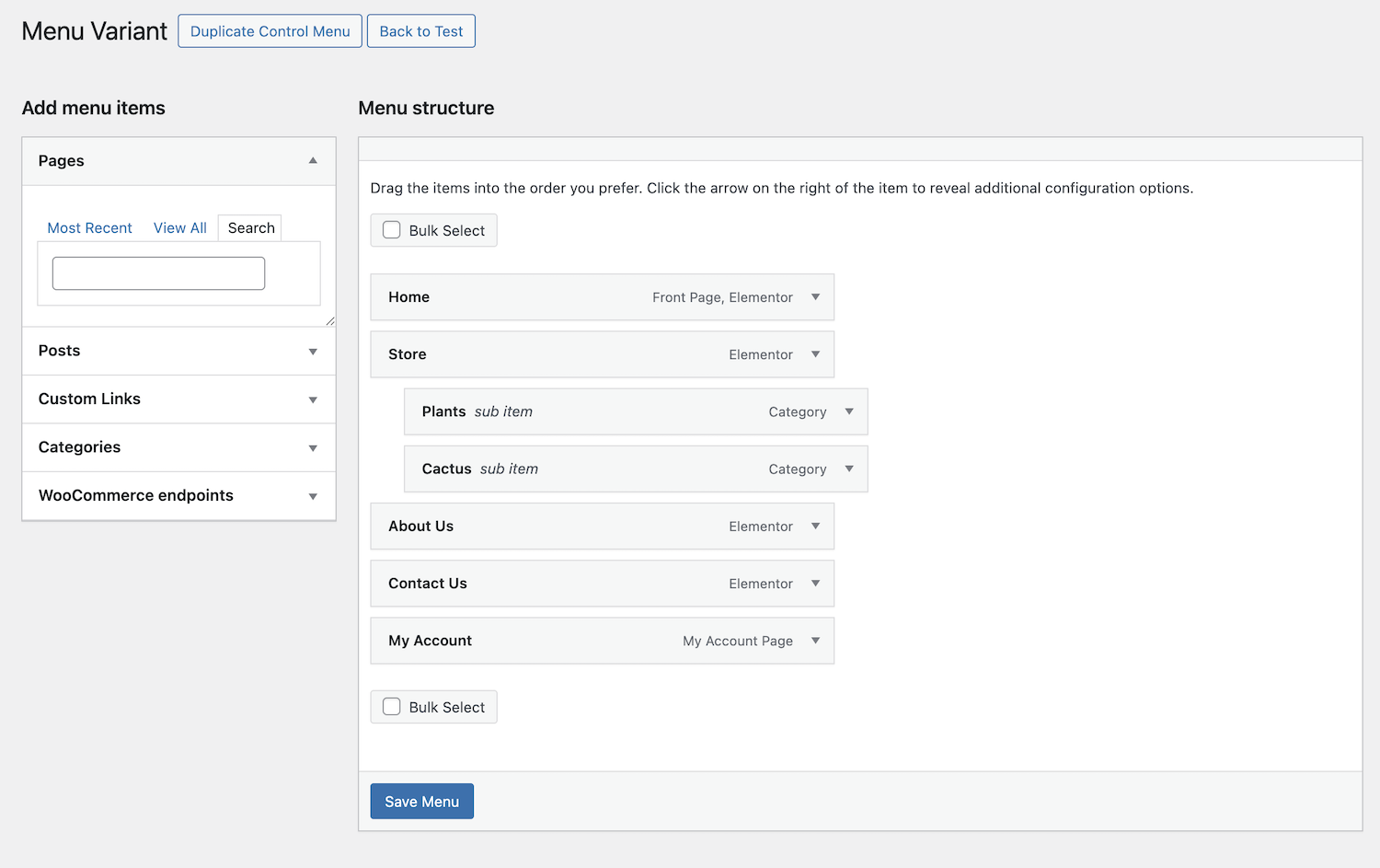 Editing a variant of a menu A/B test with Nelio A/B Testing.