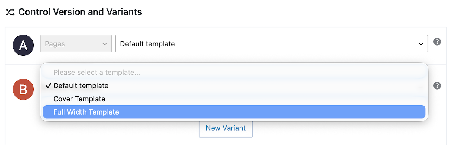 Selecting variant of template to test with Nelio A/B Testing.