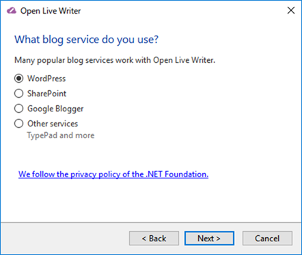 Open Live Writerのインストール(Wordpressを選択) Open Live Writerのインストール(Wordpressを選択)