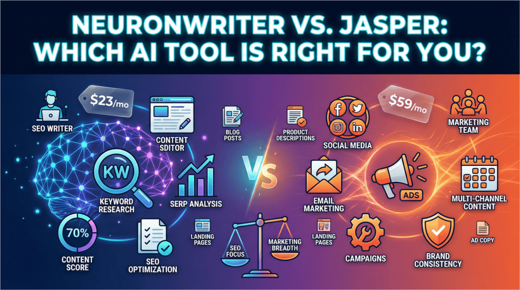 NEURONwriter vs Jasper comparison showing SEO optimization tools versus multi-channel marketing platform