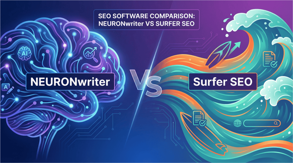 NEURONwriter vs Surfer SEO comparison visual showing neural network and wave patterns