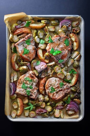 Overhead shot of sheet pan pork chop supper.
