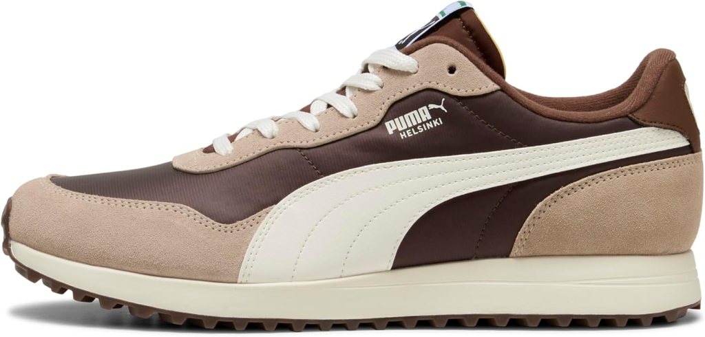 A brown and tan Puma Helsinki shoe.