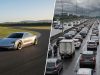 Split image showing a prototype sports car on a closed test track contrasted with heavy traffic on a busy highway, illustrating the difference between AI proof of concept and production environments.