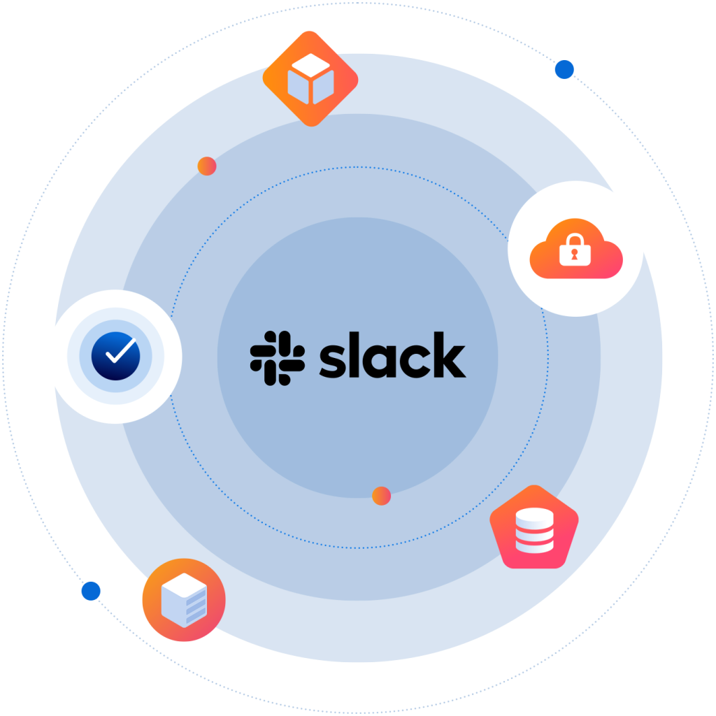 The Slack logo at the center, surrounded by various icons representing cloud infrastructure and databases in a modern, abstract design