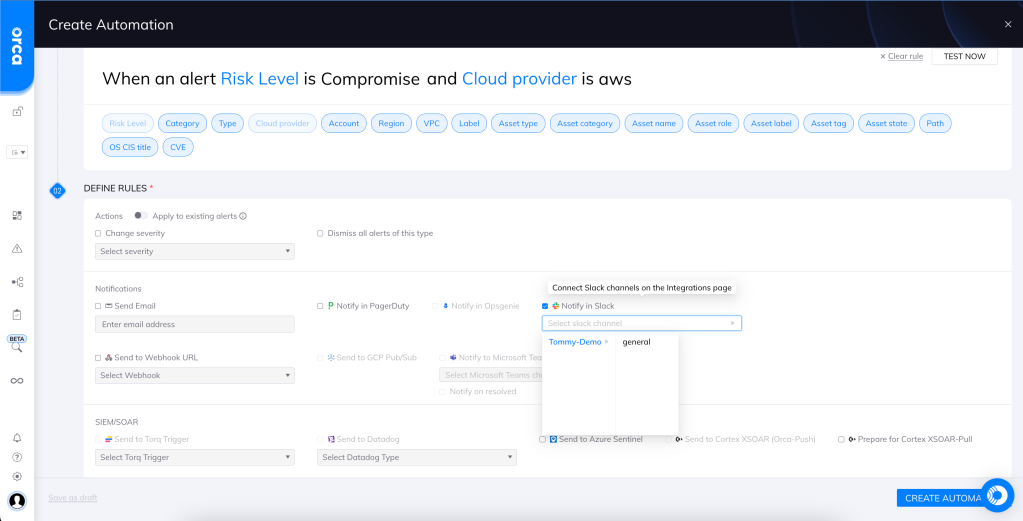 Orca Security automation setup for Risk Level is Compromise on AWS, with Slack, email, and SIEM/SOAR notification options