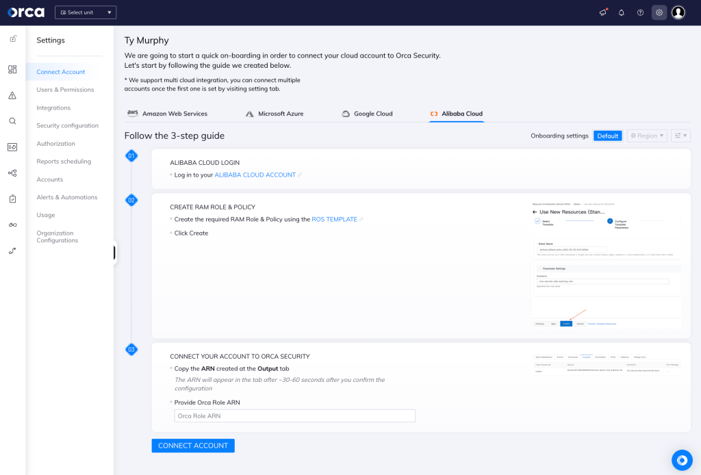 Orca Security's dashboard displaying how to deploy Orca in your Alibaba Cloud in minutes using three easy steps