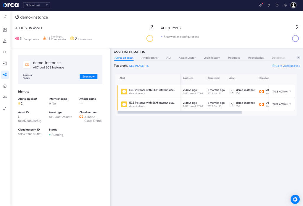 Orca Security's demo-instance dashboard displaying asset-information