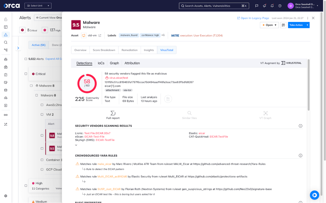 Orca Security platform's alert page for a malware detection, including details such as community score, security vendor scanning results, and YARA rule matches