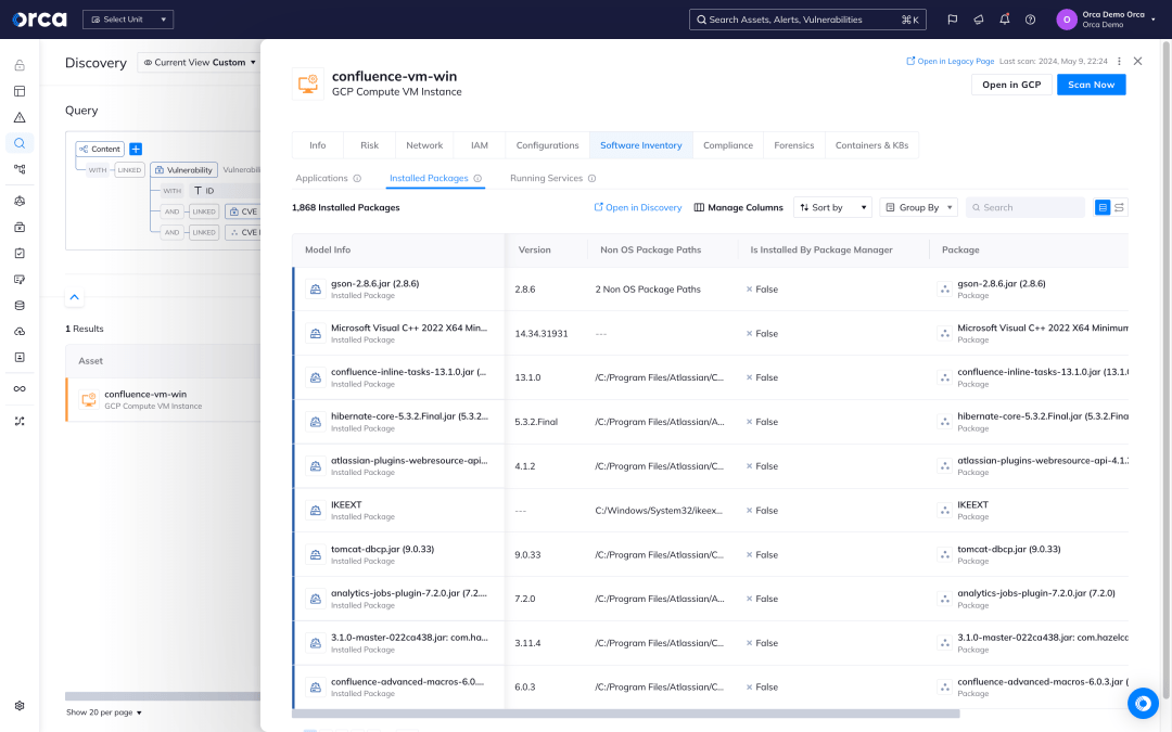Orca Security's dashboard alerts on asset feature