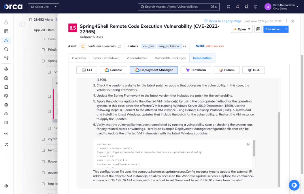 A screenshot of remediation steps generated by AI in the Orca platform