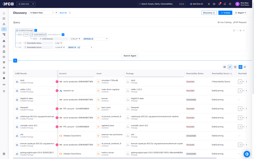 A screenshot of the Orca platform displaying reachability analysis next to exploits