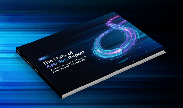 A stylized graphic showing the 2026 State of Application Security ebook render on top of an abstract background