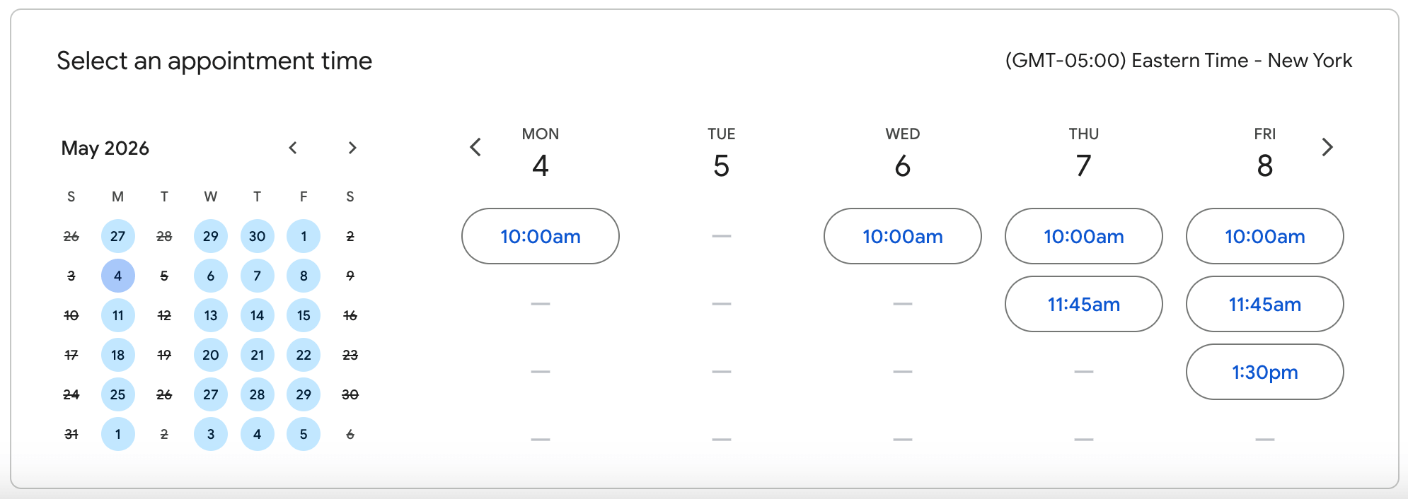 Screenshot of availability calendar