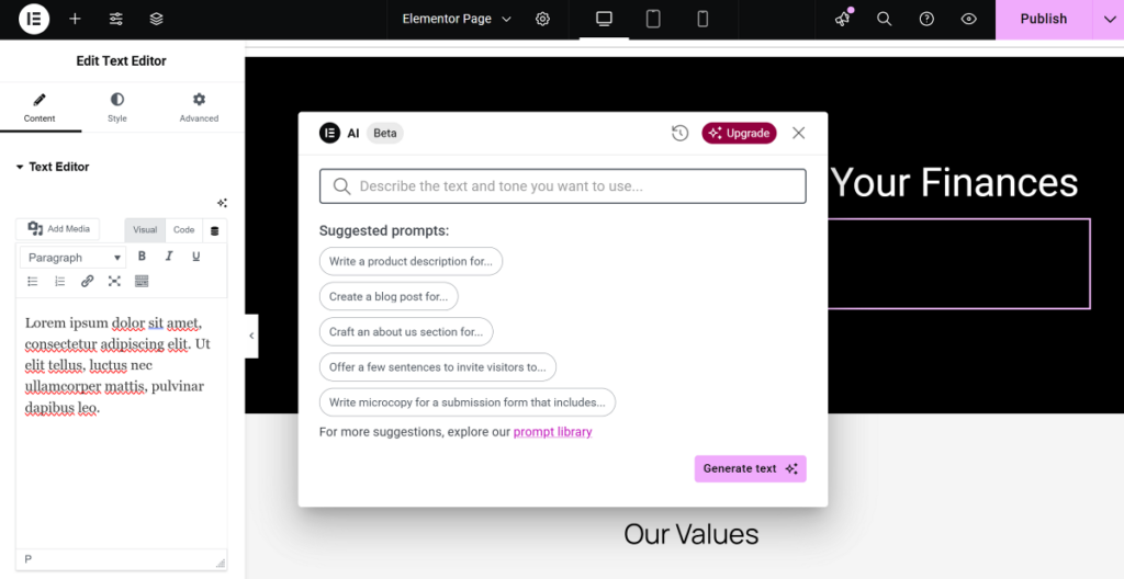 AI text assistant popup in Elementor