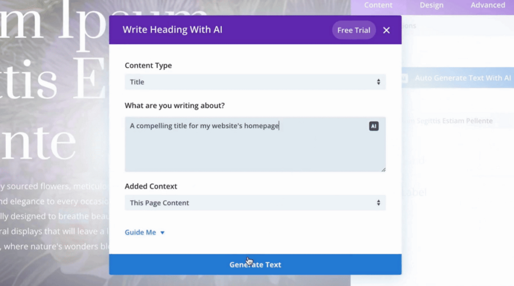 AI writing assistant in Divi Builder
