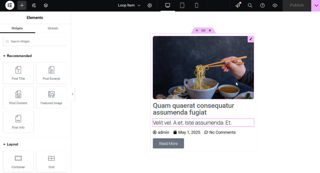 Design Loop item in Elementor editor