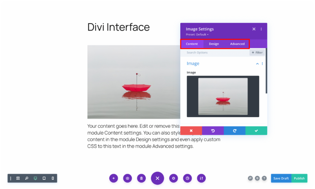 Divi builder three tab movable window