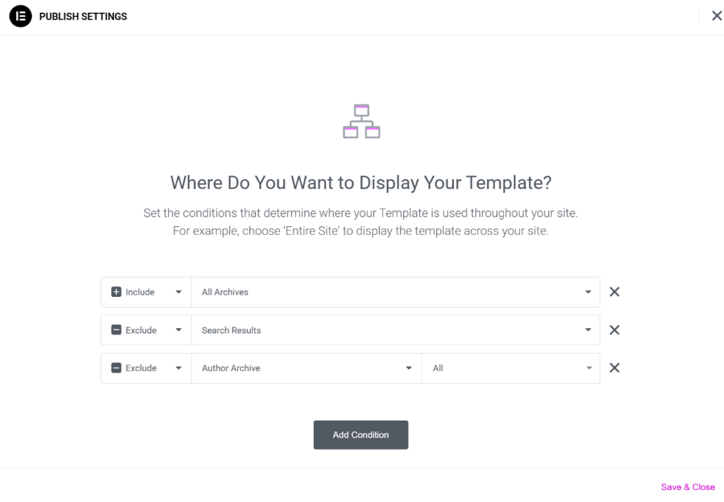 Elementor builder template display conditions