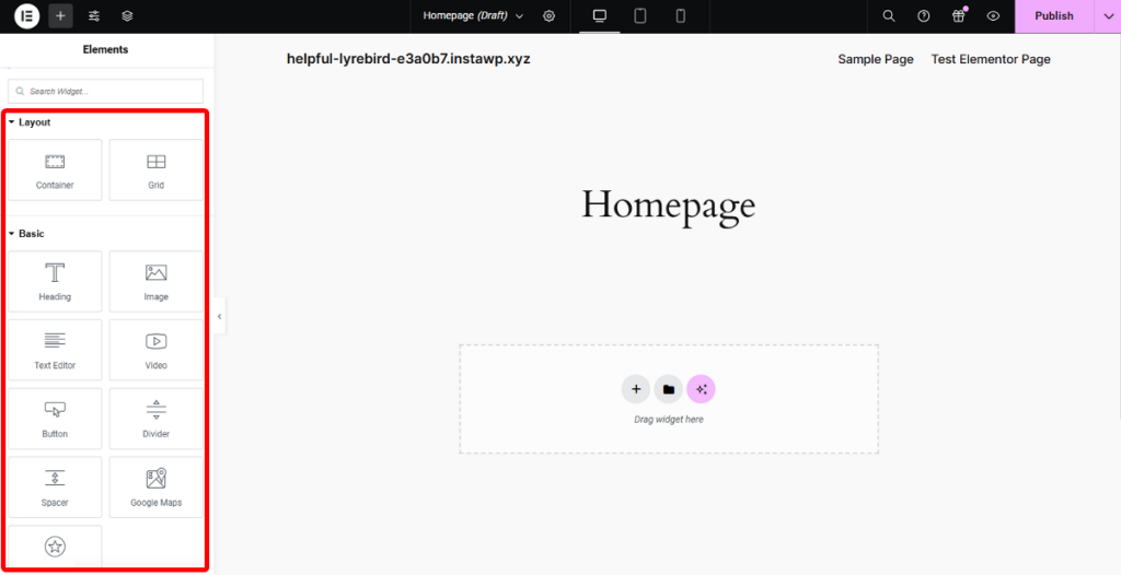 Elementor widgets in the sidebar panel