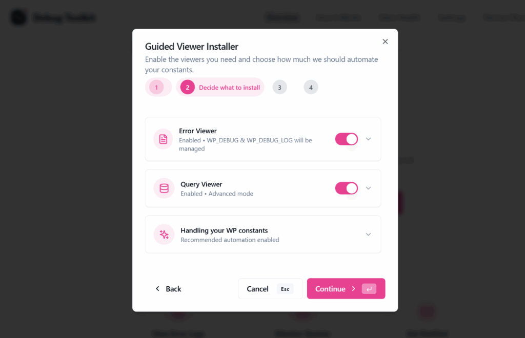WP Debug Toolkit viewer choose what to install