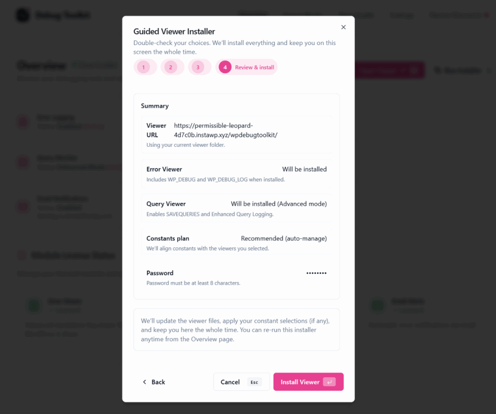 review all settings and install WP Debug Toolkit viewer apps